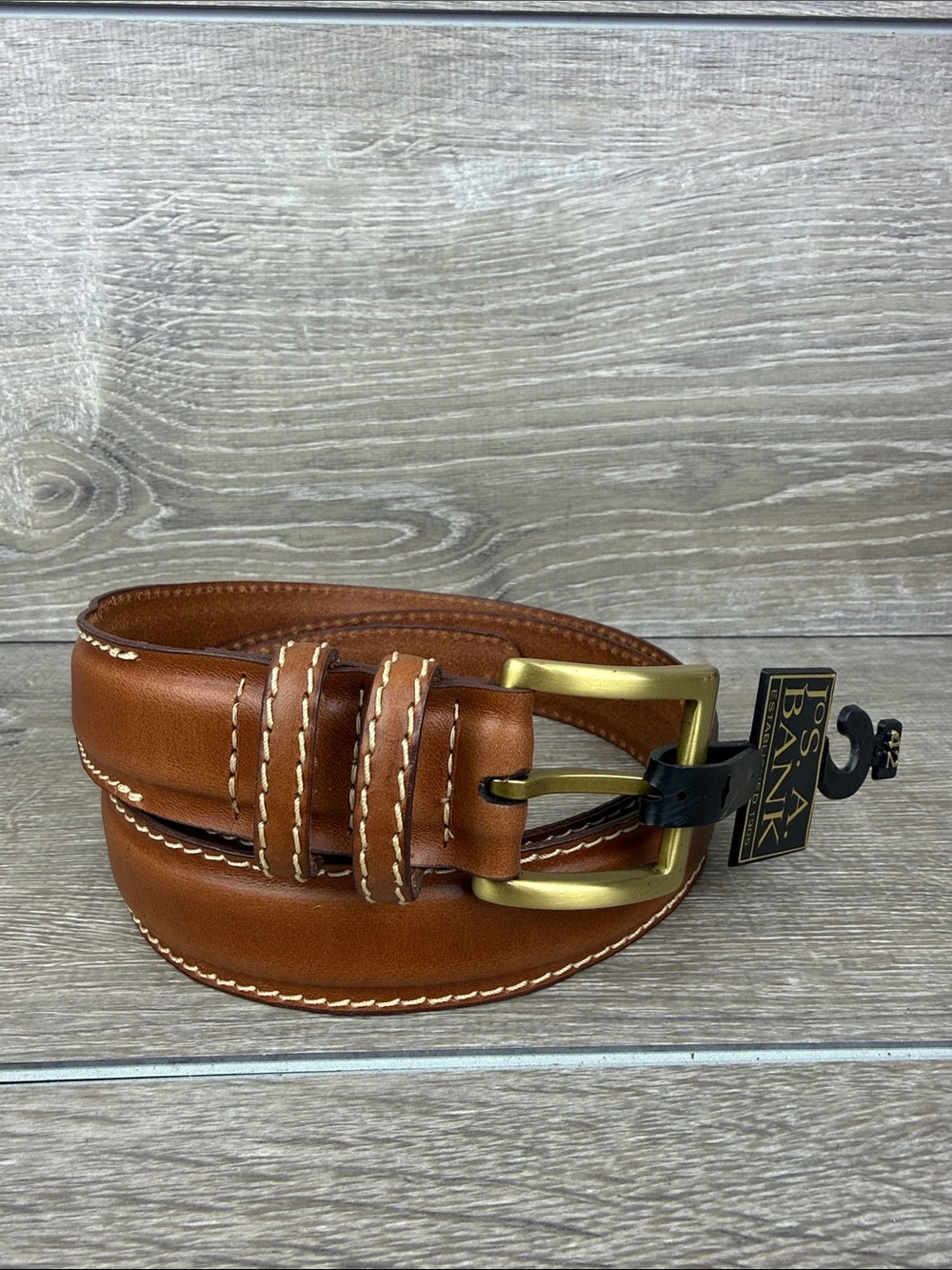 Jos. A. Bank Men’s 42 Brown Leather Belt Contrast Stitching 0210E Brass Buckle